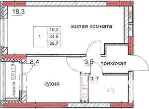 1-к квартира, строящийся дом, 35м2, 17/18 этаж