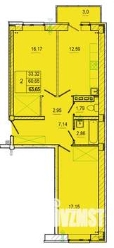 2-к квартира, строящийся дом, 64м2, 2/4 этаж