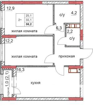 2-к квартира, строящийся дом, 56м2, 2/18 этаж