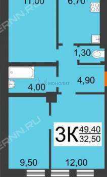 3-к квартира, вторичка, 49м2, 2/3 этаж