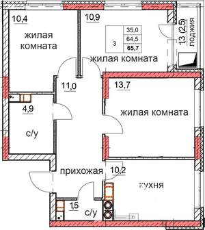 3-к квартира, строящийся дом, 65м2, 7/10 этаж