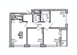 3-к квартира, строящийся дом, 56м2, 12/15 этаж