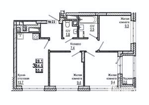 3-к квартира, строящийся дом, 56м2, 4/15 этаж