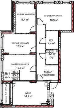 4-к квартира, строящийся дом, 95м2, 1/10 этаж